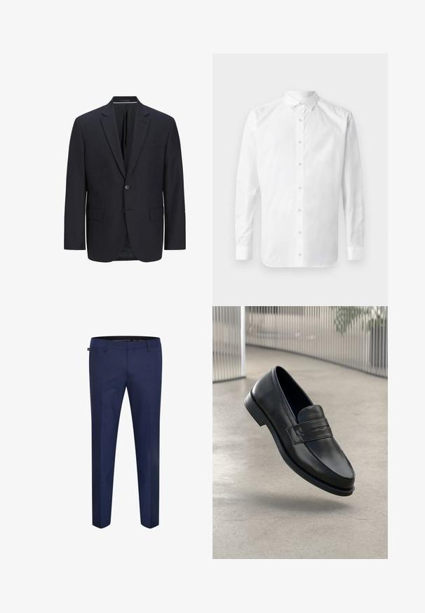 Blazer marine en tissu lisse, avec des revers crantés, deux boutons, une poche poitrine simple et deux poches latérales.; Chemise blanche à manches longues, à col classique, avec une patte de boutonnage à l'avant et une texture en coton lisse.; Pantalons ajustés bleu marine en tissu lisse, avec une coupe slim et un devant plat sans poches visibles ni ornements.; Mocassin en cuir noir à texture lisse, bout pointu et bande décorative sur le cou-de-pied. Semelle légère, design minimaliste.