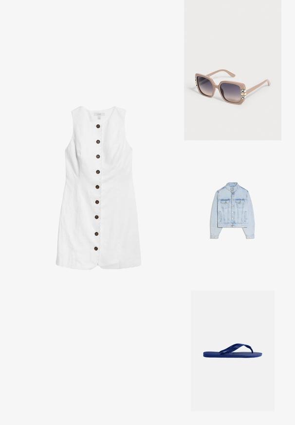 Lichtblauwe spijkerjasje met drukknopen, twee klepzakken op de borst, een opstaande kraag en lange mouwen.; Marks & Spencer BUTTON THROUGH - Blousejurk - ivory; Blauwe rubberen teenslipper met gestructureerde zool en Y-vormige bandjes, afgebeeld tegen een effen witte achtergrond.; Vierkante beige zonnebril met donker verlopende glazen en decoratieve gouden en zilveren accenten op de pootjes.