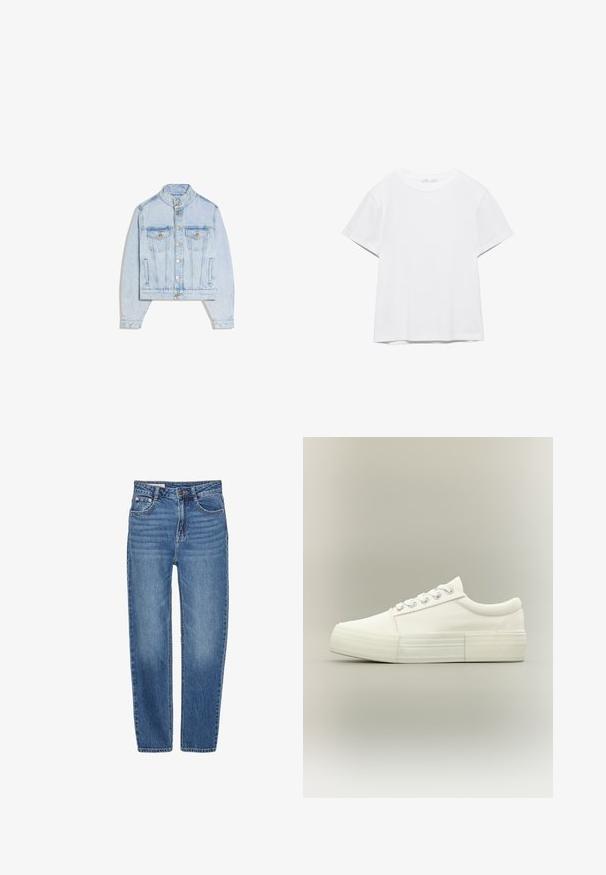 Veste en denim bleu clair avec boutons pression, deux poches poitrine à rabat, col montant et manches longues.; T-shirt blanc uni à manches courtes et col rond, avec un ourlet droit, présenté sur un fond blanc.; Jean en denim bleu avec une coupe straight, style cinq poches et une taille haute. Présente un léger délavage et des coutures contrastées.; Baskets basses blanches avec semelle épaisse, œillets métalliques et lacets, montrées de profil sur un fond clair uni.