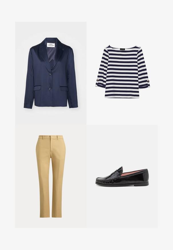 Blazer navy en tissu lisse avec un revers cranté, fermeture à bouton simple et deux poches avant. Présente un design simple et épuré.; Haut rayé bleu marine et blanc à manches longues avec un col bateau et des accents de boutons dorés sur les manches retroussées. Tissu doux, coupe décontractée.; Pantalon beige droit avec passants de ceinture, fermeture éclair à l'avant et plis sur mesure sur un fond clair uni.; Mocassins en cuir verni noir avec un bout arrondi, des coutures décoratives sur le dessus et une semelle en caoutchouc basse et plate.
