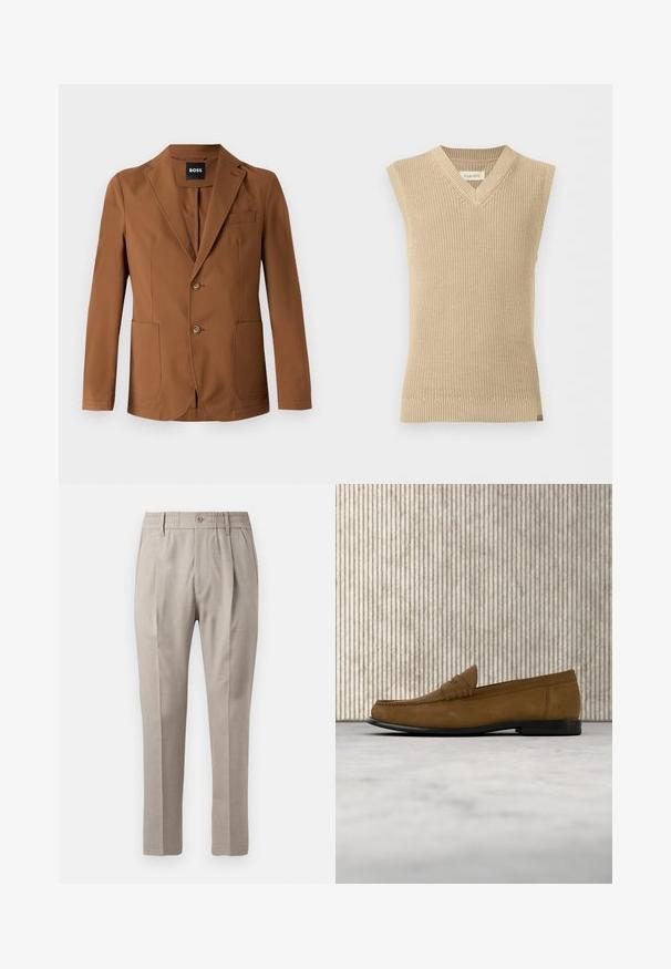 Brun blazer lavet af et glat stof, med en klippet revers, to frontlommer, to knapper og en enkelt brystlomme.; Beige, ærmeløs strikket sweatervest med V-udskæring og ribbet kant, vist mod en ensfarvet hvid baggrund.; Beige skræddersyede bukser med en glat overflade, der har knaplukning, elastisk talje og to forlommer. Lige ben-design.; Brun mokkalær loafer med sort sål, der svæver over en lys beige tæppe, ved siden af en rund, blank brun bordfod.