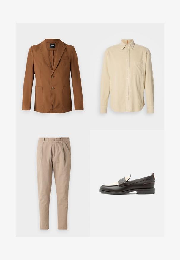 Blazer marron en tissu lisse, avec un revers cranté, deux poches avant, deux boutons et une poche poitrine.; Chemise en velours côtelé beige à manches longues avec col, poche avant, fermeture à boutons et texture de lignes verticales. Ourlet arrondi et poignets à boutons.; Pantalons en coton beige avec une coupe décontractée, taille élastique, fermeture à bouton et poches latérales. Texture lisse, conception à jambes fuselées.; Mocassin homme en cuir marron foncé avec panneau en tissu écru et détail classique de bride cousue, semelle plate et languette au talon.