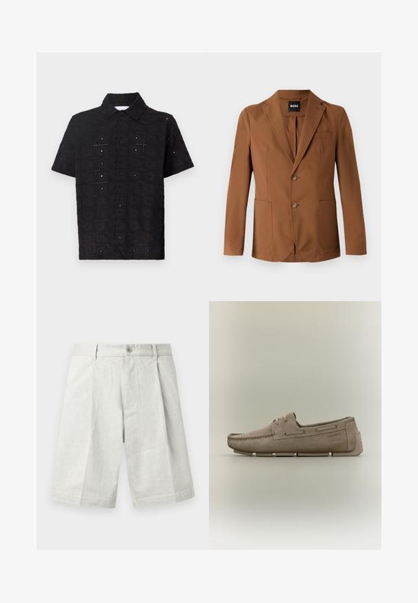 Brun blazer lavet af et glat stof, med en klippet revers, to frontlommer, to knapper og en enkelt brystlomme.; Kortærmet sort skjorte lavet af tekstureret stof, med et broderet blomsterdesign og en krave med knaplukning.; Lysegrå shorts lavet af tekstureret stof med knaplukning, plisseringer og lige snit, velegnet til afslappet brug.; Beige ruskindsløs loafer med moc-tå-syning, snøredetalje, segmenteret sål og Calvin Klein-logo på siden og hæltappen.