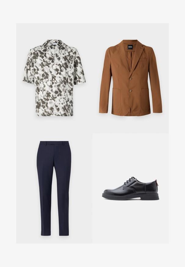 Brauner Blazer aus einem glatten Stoff, mit einem Reverskragen, zwei Fronttaschen, zwei Knöpfen und einer einzelnen Brusttasche.; Kurzärmliges Hemd mit Knöpfen aus leichtem Stoff, mit weißem Grund und abstraktem Muster in Schwarz und Grau sowie einem Reverskragen.; Navyblaue maßgeschneiderte Hose mit einem eleganten Design, flachem Vorderteil, schmalen Beinen und ohne sichtbare Beschläge oder Muster. Glatte Stofftextur.; Schwarze Leder-Schnürschuhe mit glatter Textur, rundem Zehenbereich und dezenten Ziernähten. Mit einem roten Laschenband an der Ferse.