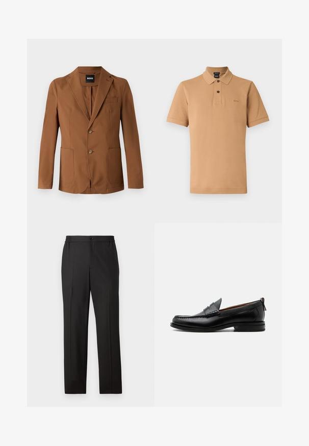 Blazer marrón hecho de una tela suave, que presenta un pico en la solapa, dos bolsillos frontales, dos botones y un bolsillo en el pecho.; Polo de manga corta tan hecho de tela texturizada, con una tapeta de tres botones, un cuello puntiagudo y un logo sutil en el pecho.; Pantalones negros con diseño de pierna recta, cintura elástica con cierre de botón, frente plano y textura de tela suave.; Mocasín de hombre de piel negra con costura moc toe, tira penny, cuello texturizado y tacón bajo apilado sobre fondo blanco.