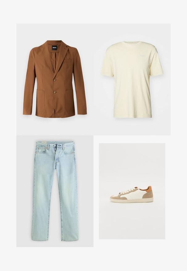 Brauner Blazer aus einem glatten Stoff, mit einem Reverskragen, zwei Fronttaschen, zwei Knöpfen und einer einzelnen Brusttasche.; Kurzärmeliges cremefarbenes T-shirt aus weicher Baumwolle, mit Rundhalsausschnitt und einem kleinen, in einer hellen Farbe auf der Brust gedruckten Logo.; Helle blaue Denim-Jeans mit geradem Schnitt, fünf Taschen, Knopfverschluss und dezentem Verblassen. Mit Steppdetails und Kupfennieten.; Sneaker mit einem Obermaterial aus cremefarbenem Leder, beigen Wildlederakzenten und einer sandfarbenen Ferse. Ausgestattet mit flachen Schnürsenkeln und Perforationen für Atmungsaktivität.