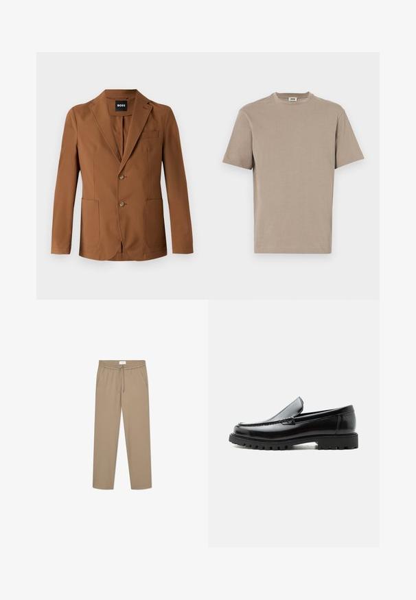 Bruine blazer gemaakt van een gladde stof, met een inkeping op de revers, twee voorzakken, twee knopen en een enkele borstzak.; Beige katoenen t-shirt met een ronde hals, korte mouwen en een rechte zoom. Vlotte textuur, minimalistisch ontwerp, geen zichtbare graphics of accenten.; Beige stretchbroek met een elastische tailleband en trekkoord, voorzien van twee zijzakken en een recht gesneden ontwerp. Soepele textuur.; Zwarte leren loafer met dikke rubberen zool, gestikte bovenkant en gegraveerde merknaam op de hiel, zijaanzicht op witte achtergrond.
