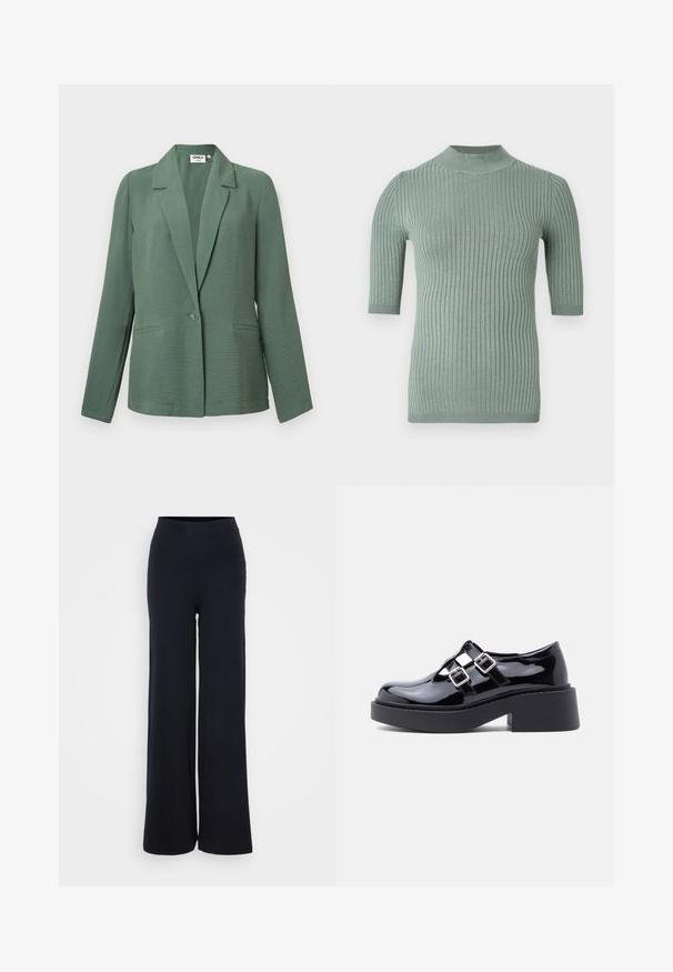 Lysegrøn tekstureret enkeltradet blazer med notched revers, to front-lommer med åbning, lange ærmer og en afslappet pasform.; Ribbede kortærmet sweater i en dæmpet grøn farve med høj hals. Fremstillet af blødt, struktureret stof med lodrette linjer over det hele.; Sorte ribbede bukser med bred benvidde, struktureret finish og elastisk talje, som har en afslappet pasform og ingen synlig hardware.; Sorte platformssko i laklæder med bred hæl, udskåret design og to sølvspænder hen over vristen. Flad gummisål.