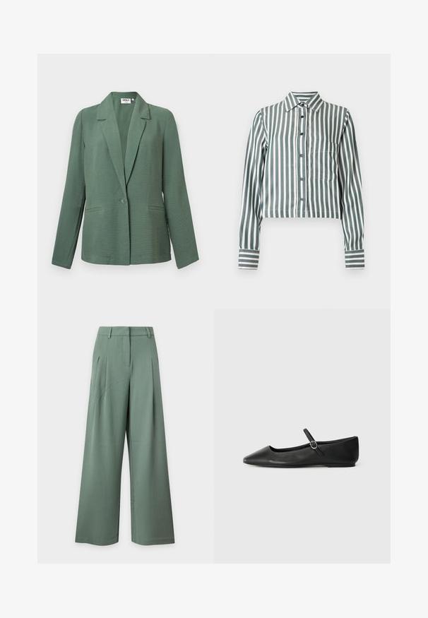 Blazer vert clair texturé à un bouton avec revers crantés et deux poches avant passepoilées, manches longues et coupe décontractée.; Chemise à manches longues avec boutons, rayures verticales vertes et blanches, une poche avant sur le côté gauche et un col pointu.; Pantalon taille haute à jambes larges en vert doux avec passants de ceinture, poches latérales et plis devant sur un fond clair.; Ballerines en cuir noir avec un bout pointu, une semelle plate et une petite sangle à boucle autour de la cheville pour un maintien sécurisé.