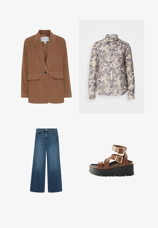 Blazer de pana marrón con solapas notch, dos bolsillos delanteros, cierre de un botón y un forro interior suave.; Camisa de manga larga de tejido ligero con un patrón de paisley en beige y azul, con un cuello clásico y cierre de botones en la parte delantera.; Jeans de pierna ancha en denim azul oscuro con costuras blancas en contraste, diseño de cinco bolsillos y cierre de botón en la cintura.; Sandalias de plataforma marrón de cuero sintético con dos correas para el tobillo, hebillas doradas y una plantilla de corcho texturizado, montadas sobre una suela de goma negra.