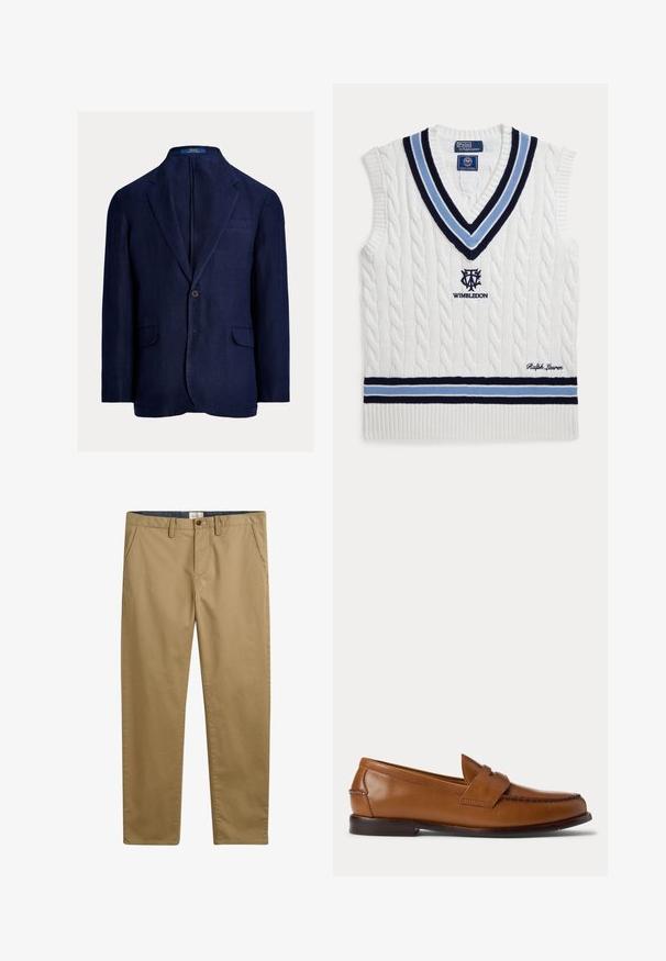 Marineblå linnedblazer med enkeltknaplukning, hakrevers, to forlommer og en brystlomme. Struktureret stof med en afslappet pasform.; Hvid kabelstrikket ærmeløs sweatervest med blå og sorte striber, Wimbledon-logo og Ralph Lauren-broderi.; Khaki bomuldsbukser med lige pasform, der har sidelommer, knaplukning og et struktureret stof.; Brun læder penny loafer sko med lav hæl og syninger langs fronten og siderne, vist fra siden på en hvid baggrund.