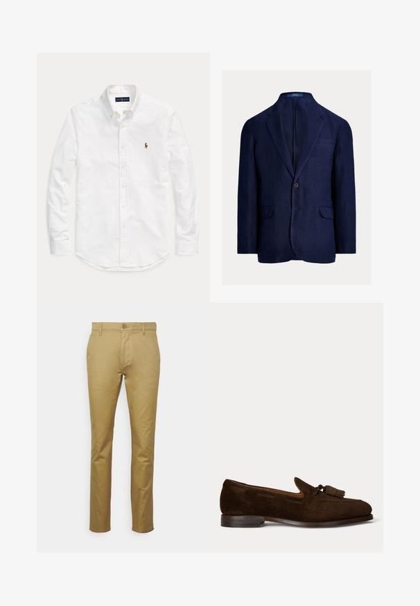 Marineblauwe linnen blazer met een enkele knoopsluiting, een notch-revers, twee steekzakken aan de voorkant en een borstzak. Gestructureerde stof met een ontspannen pasvorm.; Witte blouse met lange mouwen, knopen en kraag, met klein geborduurd logo op de linkerborst, plat gelegd op een effen achtergrond.; Khaki chinos van soepel katoen, met een klassieke rechte pijpontwerp, een voorzak en een enkele knoopsluiting bij de taille.; Donkerbruine suède herenslof met tassels en lage gestapelde hak op een effen lichte achtergrond.