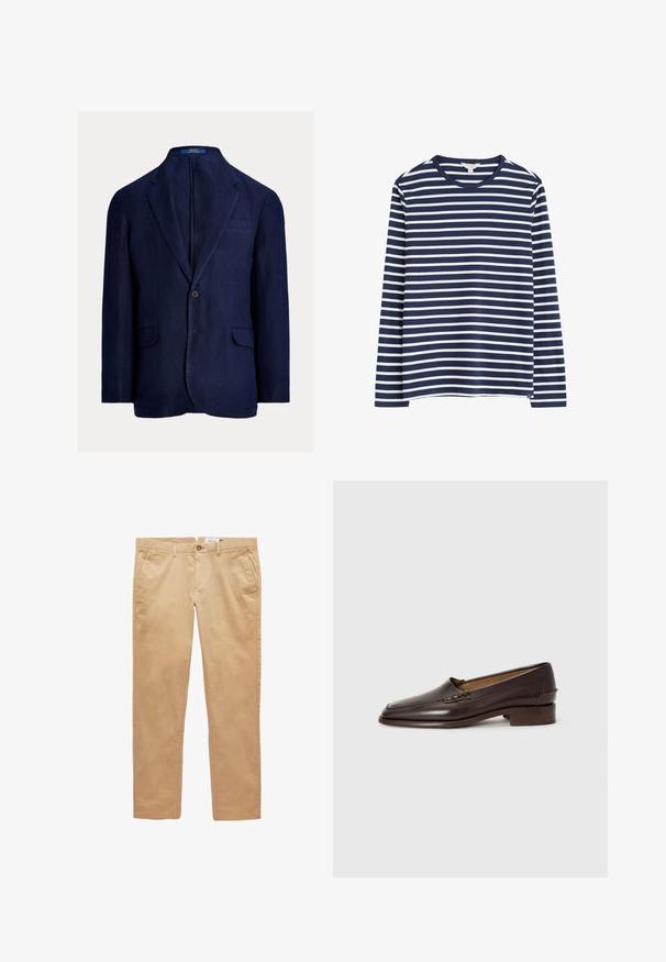 Blazer en lin bleu marine avec une fermeture à un bouton, des revers crantés, deux poches avant et une poche poitrine. Tissu texturé avec une coupe décontractée.; Chemise à manches longues à rayures horizontales bleu marine et blanches. Tissu en coton doux, encolure ras du cou, ourlet droit avec fentes latérales pour plus de confort.; Pantalon beige en coton à jambes droites, avec passants pour ceinture, poches avant et fermeture par bouton.; Mocassins en cuir marron avec un bout légèrement pointu, un petit talon empilé et des coutures décoratives sur le dessus. Texture lisse, design minimaliste.