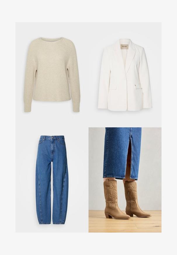 Hvid blazer med skræddersyet pasform, klapkraver, to forlommer og en enkelt knaplukning. Glat stof med subtil glans.; Lyserød strikket sweater med rund halsudskæring, raglanærmer og ribbede manchetter. Teksturen er blød med en afslappet pasform og minimal detaljering.; Blå denimjeans med løs pasform, som har høj talje, to forlommer og design med lige ben. Syninger langs sømmene som dekorative detaljer.; Tan western-stil støvler med dekorativ syning, spids tå og stakket hæl. Båret med en denimnederdel i knæ længde, der afslører støvlerne.