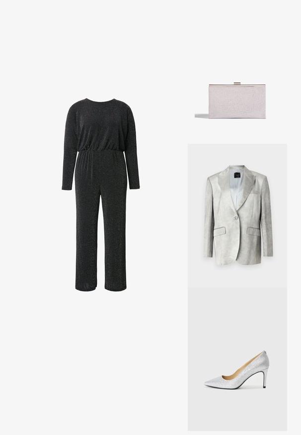 Lys grå blazer med en glat tekstur, klapkrave, enkelt knaplukning og to frontlommer. Enkel design, skræddersyet pasform.; Sort jumpsuit lavet af et struktureret, glitrende stof, med lange ærmer, rund halsudskæring, elastisk talje og vide benåbninger.; Sølvglitrende højhælede pumps med spids tå og glat inderside. Hælen er tynd og fremhæver det slanke design.; Sølvglitrende clutch med en slank rektangulær form, metalldeksel og en glat overflade. Minimalistisk design.