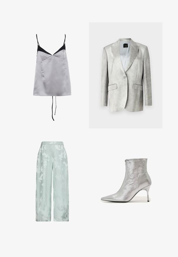 Lys grå blazer med en glat tekstur, klapkrave, enkelt knaplukning og to frontlommer. Enkel design, skræddersyet pasform.; Satin cami i lys grå med sorte accenter og tynde stropper. Har en V-hals, glat tekstur og en afslappet pasform.; Lyseblå bukser med vide ben og subtilt hvidt blomsterprint samt høj talje, vist på en ensfarvet hvid baggrund.; Sølvmetallic ankelstøvle med spids tå, sidelukning med lynlås og smal stiletthæl med sort spids på hvid baggrund.