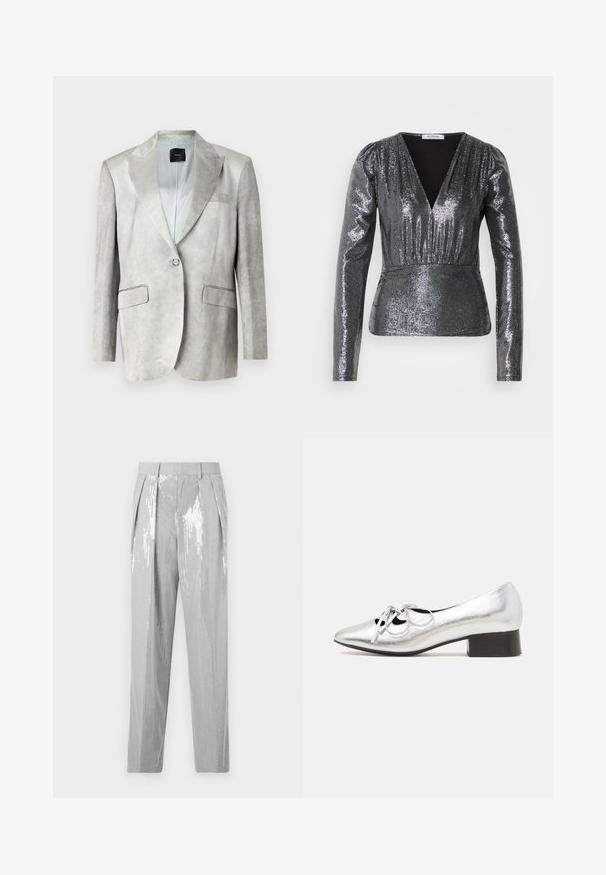 Lichtgrijze blazer met een gladde textuur, geknipte revers, enkele-knoopsluiting en twee voorzakken. Eenvoudig ontwerp, perfect op maat.; Glanzende zilveren blouse met lange mouwen en een diepe V-hals, met een gezepte taille en een gladde textuur. De reflecterende oppervlakte benadrukt de vorm van het kledingstuk.; Good American SUITING GOOD TROUSER - Broek - grey; Zilveren synthetische leren schoen met een spitse neus, decoratieve kantdetail en een lage, vierkante zwarte hak. Gladde textuur en glanzende afwerking.