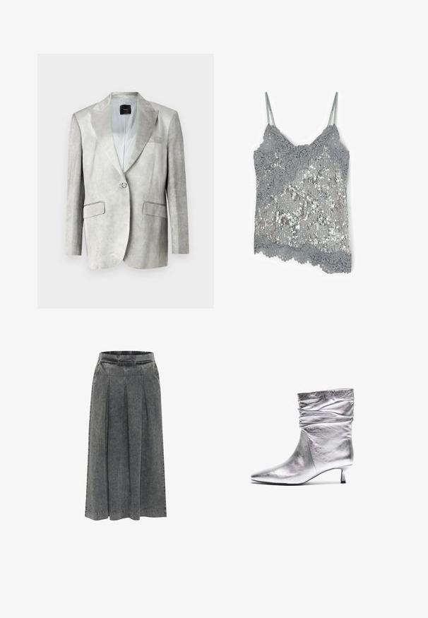 Lys grå blazer med en glat tekstur, klapkrave, enkelt knaplukning og to frontlommer. Enkel design, skræddersyet pasform.; Grå blonde-camisole med sølv palietter, med tynde justerbare stropper og bølget blondekant.; Grå denimnederdel med plisseringer, elastisk talje, knælang og en tekstureret overflade. Simpelt design uden synlige mønstre eller dekorationer.; Sølvmetallic ankelstøvle med slouchy top, spids tå, kitten heel og glat tekstur. Har en blank finish og minimalistisk design.