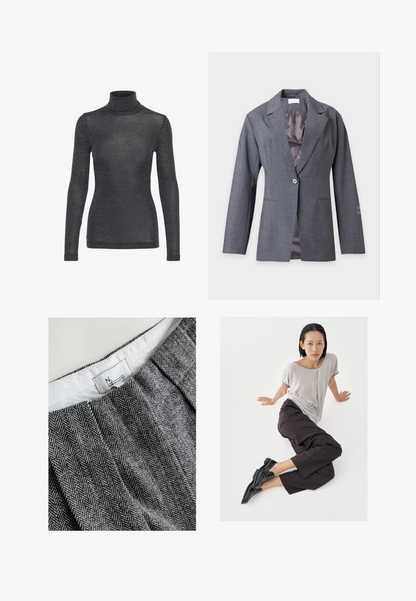 Grijze blazer met een knoop, met inkeping revers, lange mouwen, voorzakken en een gladde binnenvoering, getoond tegen een lichte achtergrond.; Langharige turtleneck top in donkergrijs, met een zachte textuur en een subtiele glans, in een getailleerde pasvorm.; Stof met houndstoothpatroon in zwart-wit, met een tailleband met een fabrikantlabel. Soepele textuur, geplooide stijl.; Lichtgrijze top met korte mouwen, donkere wijde broekspijpen en zwarte loafers. Soepele stof, ontspannen pasvorm en contrasterende bies op het shirt.