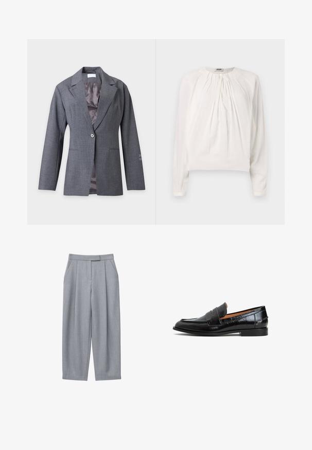 Grå blazer med enkelt knap, notched revers, lange ærmer, forlommer og en glat indvendig foring, vist mod en lys baggrund.; Hvid langærmet bluse med rund halsudskæring og plisseret front. Blødt, glat stof med afslappet pasform og knapdetalje ved kraven.; Grå bukser med skræddersyet design, der har plisseringer, sidelommer og med lige ben. Glat tekstur og midtalje med normal højde.; Sorte læderslipper med en glat finish, prydet med en dekorativ rem og lav gummihæl. Slank design med rund tå.
