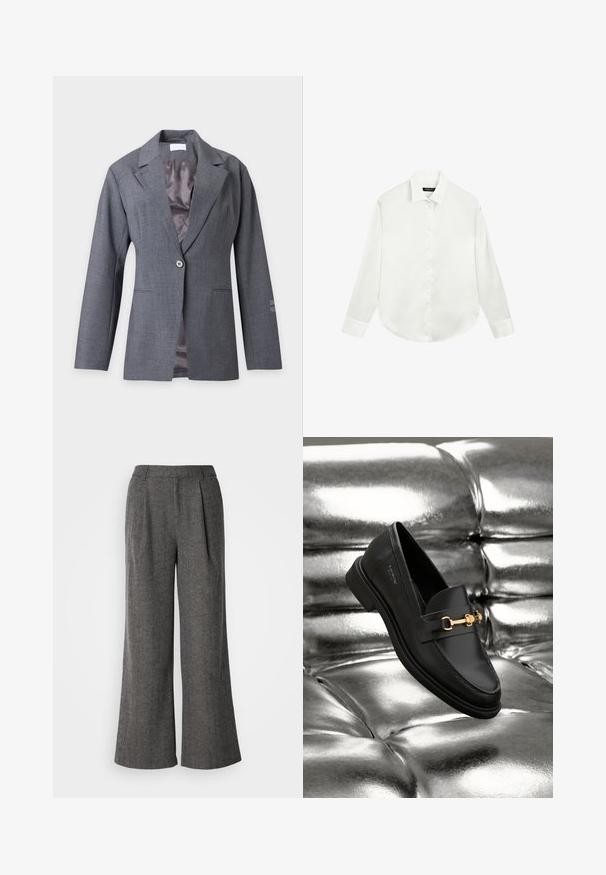 Grå blazer med enkelt knap, notched revers, lange ærmer, forlommer og en glat indvendig foring, vist mod en lys baggrund.; Hvid skjorte med lange ærmer, krave og manchetter, lagt fladt ud med knapperne fastgjort i midten foran.; Grå fiskebensmønstret bukser med bred ben, plisseret front, skræddersyet talje og glat tekstur, der har et rent, professionelt design.; Sorte læder loafers med en guldfarvet hardware detalje. Skoen har et elegant design og en glat, skinnende overflade.
