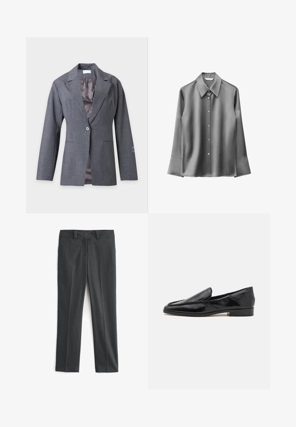 Einreihiger grauer Blazer mit Spitzrevers, langen Ärmeln, Fronttaschen und glattem Innenfutter, vor hellem Hintergrund dargestellt.; Graues Satinlangarmhemd mit spitzem Kragen, Knopfverschluss und ausgestellten Manschetten. Glatte Textur mit dezentem Glanz.; Dunkelgraue Hose mit taillierter Passform, glattem Stoff, flachem Bund und zwei vorderen Taschen. Keine sichtbaren Muster oder Verzierungen.; Schwarze Lederloafers mit glatter Oberfläche, die ein gesticktes Design entlang der vorderen Kante und einen niedrigen, quadratischen Absatz aufweisen.
