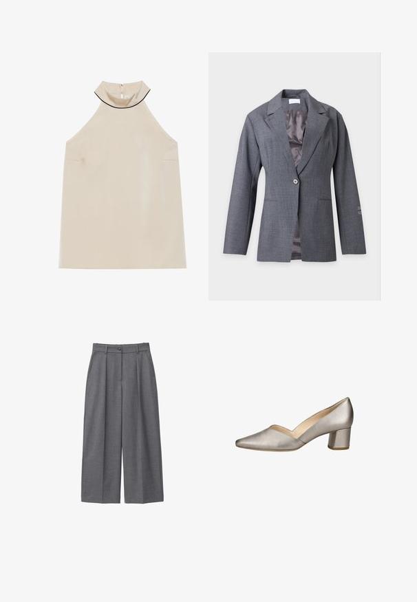 Grijze blazer met een knoop, met inkeping revers, lange mouwen, voorzakken en een gladde binnenvoering, getoond tegen een lichte achtergrond.; Beige mouwloze haltertop van gladde stof met een hoge kraag en een rits aan de achterkant, met een minimalistisch ontwerp en geen zichtbare patronen.; Grijze wijde broek van soepel materiaal, met een hoge taille, plooien, een knoopsluiting en zijzakken. Minimalistisch ontwerp.; Dames schoenen van metallic zilver leer met lage blokhak, puntige neus en V-vormige opening aan de zijkant.