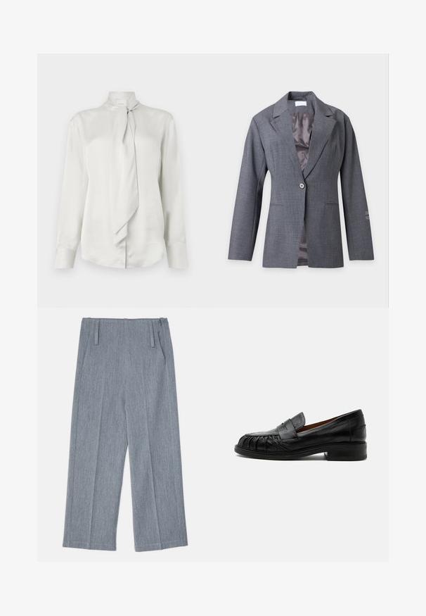 Blazer gris de un solo botón con solapas con muesca, mangas largas, bolsillos delanteros y forro interior liso, presentado sobre un fondo claro.; Blusa blanca de manga larga con cuello alto y detalle de bufanda atada en la parte delantera, hecha de una suave tela similar al satén.; Pantalones de pierna ancha en gris claro, hechos de una tela texturizada, que presentan dos pliegues frontales y dos bolsillos laterales. Diseño limpio y a medida.; Mocasín de cuero negro con tacón bajo, detalles cosidos en la parte delantera y una correa decorativa sobre el empeine.