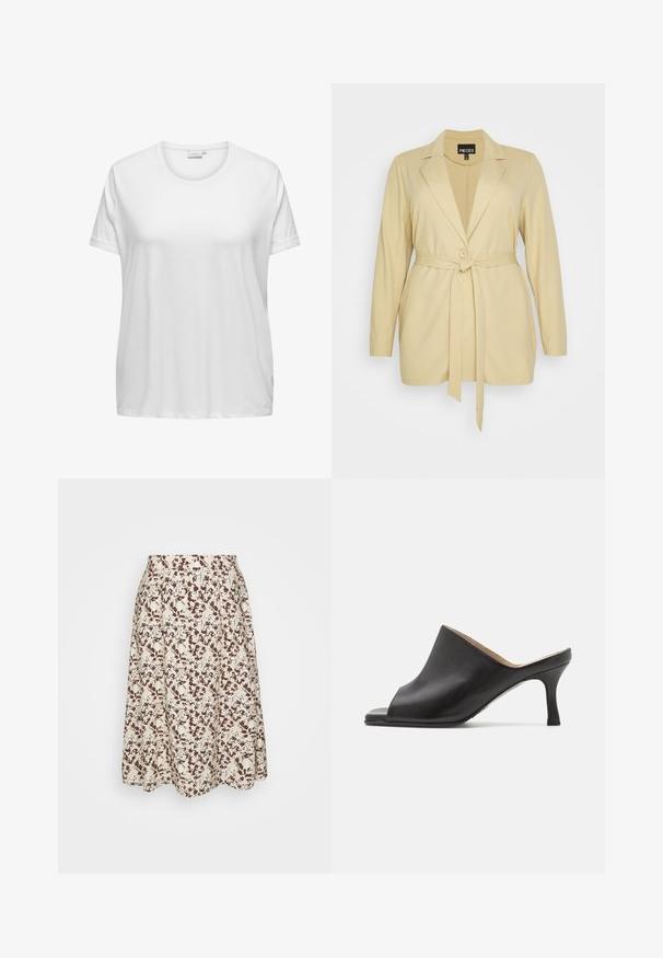 Pieces Curve TIE - Blazer - white pepper; Hvid bomulds t-shirt med rund halsudskæring og korte ærmer. Løs pasform med en glat tekstur og ingen synlige mønstre eller detaljer.; Object Curve OBJLEONORA MIDI SKIRT - A-snit nederdel - sandshell/splash aop; Selected ASHLEY - Mules med hæl - black
