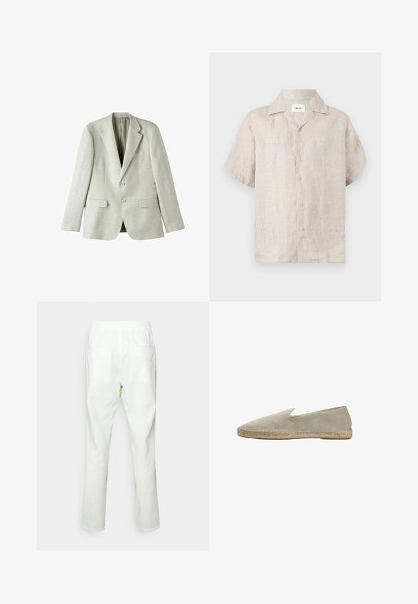 Lys grå linned blazer med enkeltstående design, to frontlommer og to knapper. Har udsvingede revers og en glat tekstur.; Beige kortærmet linnedskjorte med krave og knapper foran, med en synlig hvid label inde i kraven med teksten "NN.07".; Hvide bomuldsbukser med elastisk talje, lige snit, to baglommer og en glat, mat tekstur.; Beige slip-on espadrille med fiskebensmønster stofoverdel og flettet jutesål, sidevisning på hvid baggrund.