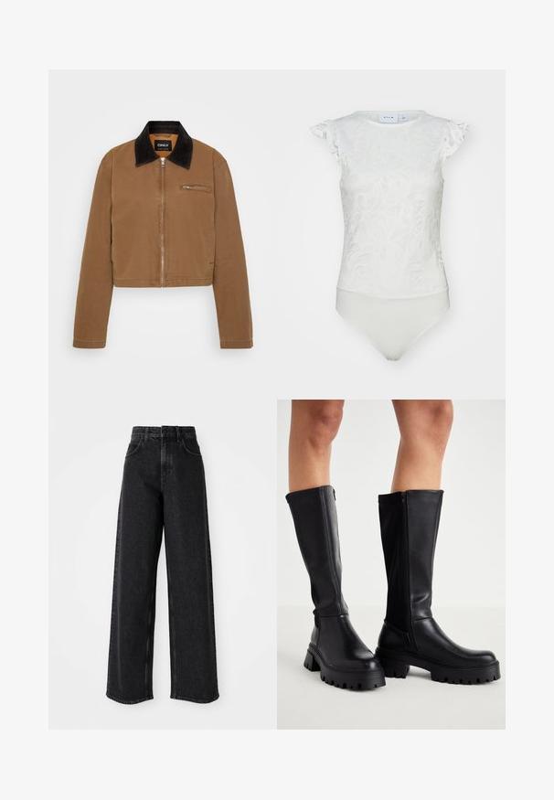 Brun cropped jakke med en sort fløjlskrave, frontlynlås og en brystlomme. Glat stof med minimale sømdetaljer.; Hvid bodysuit med blomstret blonde mønster, korte voluminøse ærmer og tætsiddende bund med en glat tekstur.; Sorte højtaljede brede bukser lavet af denim, præget af et klassisk fem-lomme design og subtile syninger.; Sorte knæhøje støvler lavet af glat kunstlæder med en kraftig sål, lynlås i siden og design med rund tå.