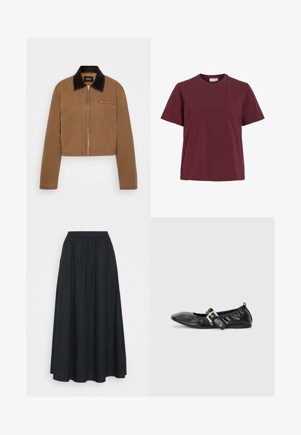 Brun cropped jakke med en sort fløjlskrave, frontlynlås og en brystlomme. Glat stof med minimale sømdetaljer.; Simpel kortærmet t-shirt med rund hals i ensfarvet mørk bourgogne, vist på hvid baggrund uden mønstre eller logoer.; Sort maxi nederdel med elastisk talje, lavet af glat stof. Har en flydende, løs pasform og når til anklerne.; Sorte læder flade sko med spids tå, samling detaljer omkring åbningen, og en sølv spænde accent på den justerbare rem.