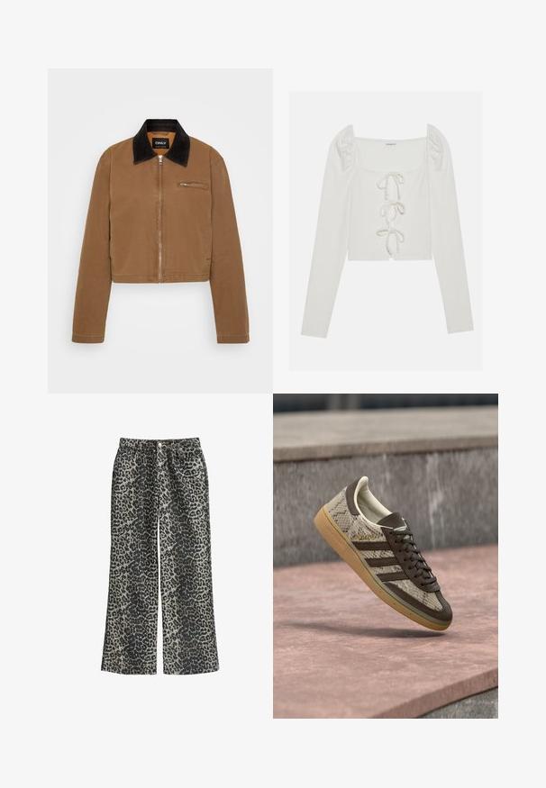 Bruine cropped jas met een zwarte ribfluwelen kraag, voorrits en een borstzak. Glad materiaal met minimale stikseldetails.; Witte geribbelde lange mouwen top met een vierkante halslijn, opgeblazen mouwen en een strikdetail aan de voorkant met dunne banden. Korte ontwerp.; Leopardprint wijde broek van zachte stof, met een hoge taille, vijf zakken en metalen knoopsluiting.; Bruin en beige Adidas sneaker met slangenpatroon, gumzool en de tekst "SPEZIAL" zwevend boven een stenen oppervlak buiten.