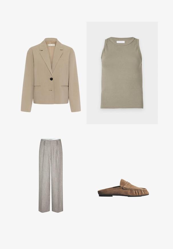Beiger, kurz geschnittener Blazer mit Kerbkragen, einer schwarzen Knopfleiste, langen Ärmeln und vorderen Leistentaschen.; Geripptes Tanktop in Olivgrün mit rundem Halsausschnitt und ärmellosem Design. Hergestellt aus weichem, dehnbarem Material mit figurbetonter Passform.; Second Female JUN - Stoffhose - trench coat; Brauner Velours-Slipper mit flacher schwarzer Sohle und Mokassinnaht rund um den Zehenbereich.