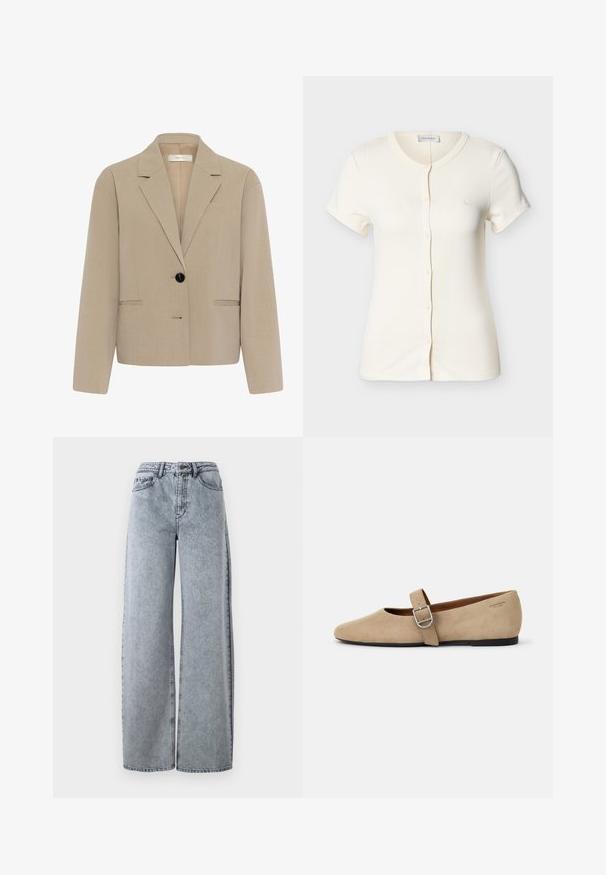 Beige cropped blazer met reverskraag, een zwarte knoopsluiting, lange mouwen en voorzakken met bies.; Kort mouw crèmekleurig overhemd met knopen, ronde halslijn en klein geborduurd logo op de borst.; Licht gewassen denim wijde pijpen jeans met een hoge tailleband, voorzien van voorzakken, riemlussen en contrasterende stiksels.; Beige suède Mary Jane balletschoenen met een spitse neus en een enkele verstelbare band met een zilveren gesp. Zwarte platte zool.