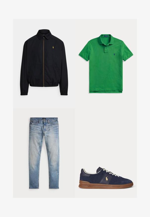 Zwarte jas met rits en kraag, elastische boorden en zoom, met een klein gouden logo op de linkerborst. Gemaakt van gladde stof.; Groen poloshirt met korte mouwen, kraag en twee knopen, met een klein marineblauw geborduurd logo op de linkerborst.; Lichtblauwe denim jeans met een vervaagde afwerking, vijfzakkenontwerp en contrasterende stiksels. Heeft een ritssluiting en riemlussen. Rechte snit.; Marineblauwe lage sneaker met witte veters, bruine zool en Polo-spelerlogo aan de zijkant, gezien van links.