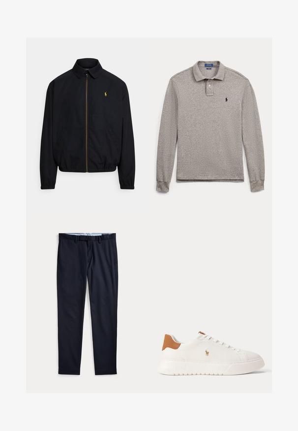 Chaqueta negra con cremallera y cuello, puños elásticos y bajo elástico, con un pequeño logotipo dorado en el pecho izquierdo. Hecha de tela suave.; Polo gris de manga larga con cuello, dos botones y pequeño logo negro bordado en el pecho izquierdo.; Pantalones de vestir azul marino para hombre con trabillas para cinturón, bragueta con cremallera y bolsillos laterales, extendidos planos sobre un fondo blanco.; Zapatilla blanca de caña baja con lengüeta trasera en color marrón claro, cordones blancos y un pequeño logo bordado de jugador de polo en el lateral sobre una suela gruesa.