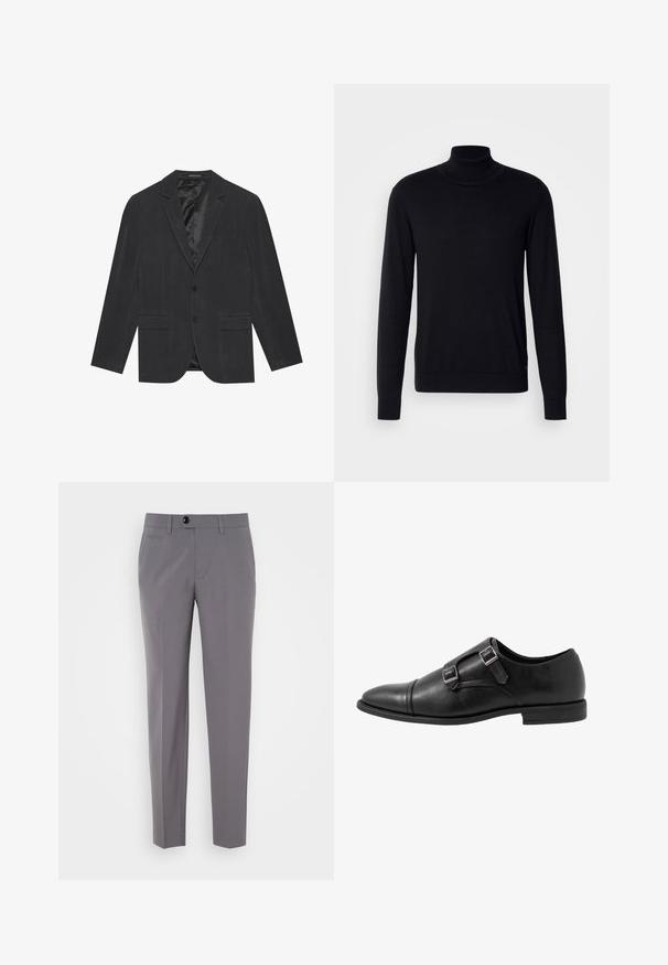 Donkergrijze blazer met een enkelvoudig ontworpen sluiting, notch revers, twee voorkruiken en een satijnen voering aan de binnenkant. Twee knopen sluiting.; Zwarte coltrui van zacht materiaal. Heeft lange mouwen, ribgebreide kraag en manchetten, met een gladde textuur en zonder patronen.; Grijze op maat gemaakte broeken met een gladde textuur, rechte pijpen, sluiting met één knop en voorzakken. Geen zichtbare patronen of accenten.; Zwarte leren monniksschoen met twee zilveren gespen, ontwerp met teenkap, ronde neus en een lage rubberen zool. Glad textuur, elegante silo.