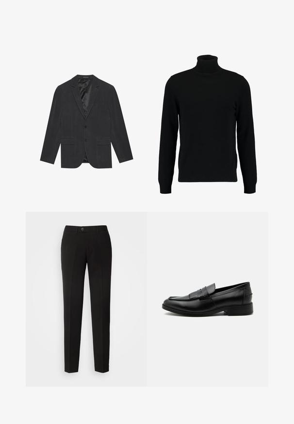 Donkergrijze blazer met een enkelvoudig ontworpen sluiting, notch revers, twee voorkruiken en een satijnen voering aan de binnenkant. Twee knopen sluiting.; Zwarte coltrui gemaakt van een zacht breimateriaal. Heeft lange mouwen, een geribbelde kraag en zoom. Eenvoudig, strak ontwerp zonder patronen.; Zwarte rechte broek van gladde stof, met een knoopsluiting en zijzakken in een klassiek ontwerp.; Zwarte leren herensloffen met kwastdetail, afgeronde neus, lage hak en glad gepolijst oppervlak, zij-aanzicht op een witte achtergrond.