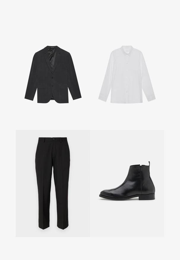 Donkergrijze blazer met een enkelvoudig ontworpen sluiting, notch revers, twee voorkruiken en een satijnen voering aan de binnenkant. Twee knopen sluiting.; Witte blouse met lange mouwen van soepel stof, met een puntige kraag, voorkant met knoopsluiting en manchetten met één knoop.; Zwarte broeken van soepele stof, met een rechte pijpconstructie, vo pockets, een enkele knoopsluiting en geen zichtbare patronen.; Zign by Zalando Lage laarzen - black