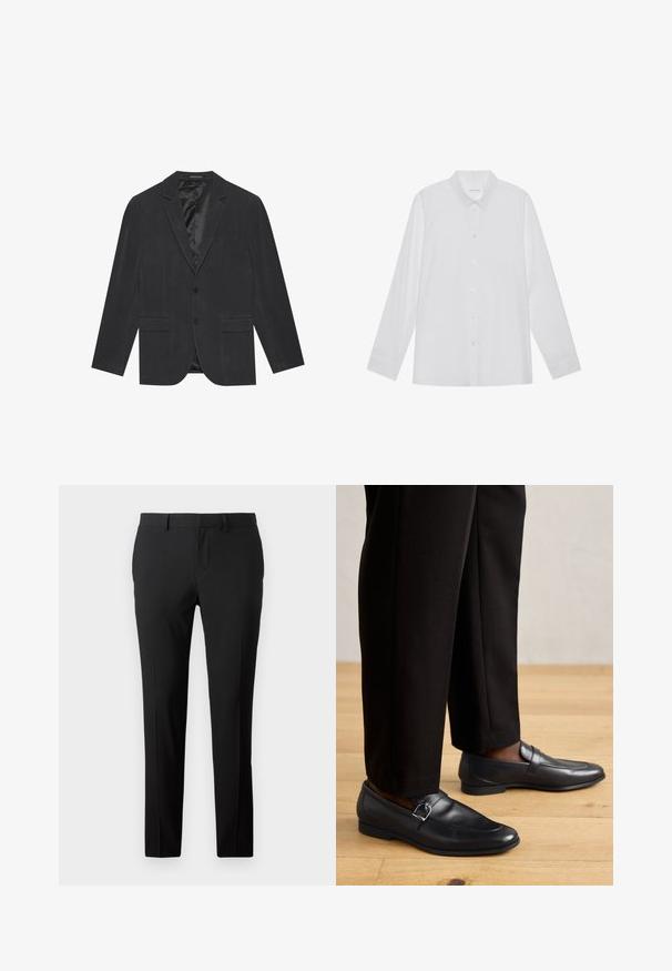 Mørkegrå blazer med enkeltknap-design, slagkraver, to frontlommer og satinforet indre. To-knaps lukning.; Hvid langærmet skjorte lavet af glat stof, med spidse krave, frontknaplukning og enknapsmanchetter.; Skræddersyede sorte bukser i et glat stof. Har et lige ben-design, frontfald og bæltestropper til justerbar størrelse.; Sorte læder loafers med en glat overflade, prydet med en dekorativ spænde, parret med skræddersyede sorte bukser mod et trægulv.