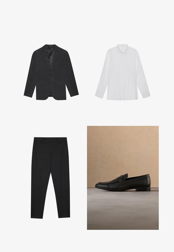 Blazer gris foncé avec un design à un bouton, revers crantés, deux poches avant et un intérieur doublé en satin. Fermeture à deux boutons.; Chemise blanche à manches longues en tissu lisse, dotée d'un col pointu, d'une fermeture à boutons sur le devant et de poignets à un bouton.; Pier One by Zalando PUNTO TAILORED PANTS - Chino - black; Mocassin en cuir noir flottant au-dessus d'un tapis beige avec un canapé beige dans un intérieur minimaliste.