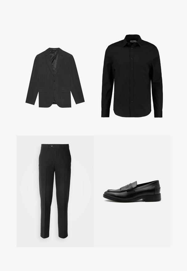 Donkergrijze blazer met een enkelvoudig ontworpen sluiting, notch revers, twee voorkruiken en een satijnen voering aan de binnenkant. Twee knopen sluiting.; Zwarte lange mouw shirt gemaakt van een gladde stof, heeft een knoopsluiting aan de voorkant, een spitse kraag en een getailleerde pasvorm met een gebogen zoom.; Lindbergh Broek - black melange; Zwarte leren herensloffen met kwastdetail, afgeronde neus, lage hak en glad gepolijst oppervlak, zij-aanzicht op een witte achtergrond.