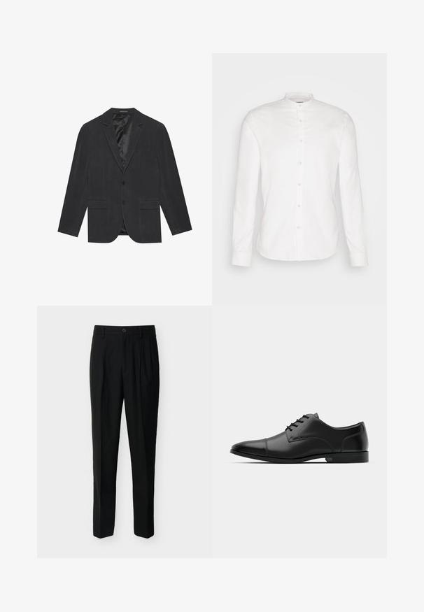 Blazer gris foncé avec un design à un bouton, revers crantés, deux poches avant et un intérieur doublé en satin. Fermeture à deux boutons.; Chemise blanche à manches longues avec col mandarin et patte de boutonnage à l'avant. Fabriquée en coton, elle présente une texture lisse et des fermetures à bouton.; Pantalon noir taille haute, ajusté, avec passants de ceinture, plis à l'avant, poches latérales et fermeture boutonnée avec zip.; Chaussure habillée en cuir noir avec un bout arrondi, texture lisse, six œillets et une semelle noire basse. Présente une couture discrète sur le bout.