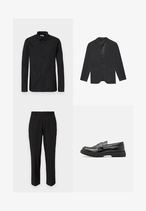 Mørkegrå blazer med enkeltknap-design, slagkraver, to frontlommer og satinforet indre. To-knaps lukning.; Sorte langærmede skjorte med klassisk krave, lavet af glat stof, med frontknapper og en almindelig pasform.; Sorte bukser lavet af glat stof, med lige ben design, forlommer, en enkelt knaplukning, og uden synlige mønstre.; Sort læder loafersko med en bred rem over forfoden, gummisål med tykke mønstre og glat overflade. Klassisk, slankt design.