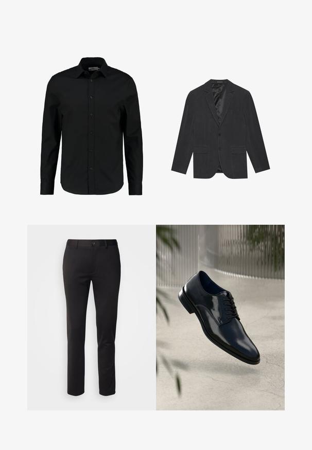 Dark gray blazer with a single-breasted design, notch lapels, two front pockets, and a satin-lined interior. Two-button closure.; Black long-sleeve shirt made of smooth fabric, features a button-up front, pointed collar, and a tailored fit with a curved hem.; Black trousers made of smooth fabric, featuring a straight-leg design, front button closure, and belt loops, displayed on a white background.; Dark blue leather dress shoe with a polished finish, lace-up design, slightly curved toe, and a smooth texture.