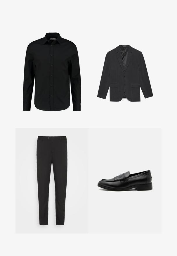 Mørkegrå blazer med enkeltknap-design, slagkraver, to frontlommer og satinforet indre. To-knaps lukning.; Sort langærmet skjorte lavet af glat stof, har en knaplukning foran, spidse kraver og en skræddersyet pasform med en buet kant.; Sorte, skræddersyede bukser med lige ben-design, forlommer og knaplukning. Fremstillet af et glat stof med en let glans.; Sort læder herre loafers med kvast detalje, rundet tå, lav hæl og glat poleret finish, vist fra siden på hvid baggrund.