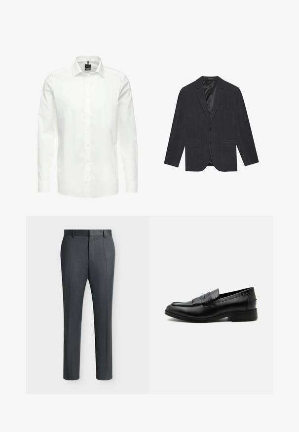 Dunkelgrauer Blazer mit einem einreihigen Design, Reverskragen, zwei Vorderaschen und einem satinbesetzten Innenfutter. Zwei-Knopf-Verschluss.; Weißes Langarmhemd, knöpfbarer Ausschnitt, klassischer Kragen, glattes Baumwollgewebe, leicht, mit dezenten Nähten und ohne Muster.; Dunkelgraue formelle Hose mit Gürtelschlaufen und Bügelfalten, auf einem schlichten hellen Hintergrund gezeigt.; Schwarzer Leder-Herrenloafer mit Quasten-Detail, abgerundeter Spitze, niedrigem Absatz und glatter, polierter Oberfläche, von der Seite auf weißem Hintergrund dargestellt.