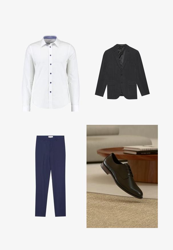 Dark gray blazer with a single-breasted design, notch lapels, two front pockets, and a satin-lined interior. Two-button closure.; White long-sleeve shirt with a button-down collar, featuring blue accent buttons and a blue checkered pattern inside the collar.; Navy dress pants made of smooth fabric, featuring a flat front, two side pockets, a zip fly, and clean hem without patterns or accents.; Black leather dress shoe with laces hovering above a textured beige rug in a modern living room setting with wooden table and books.