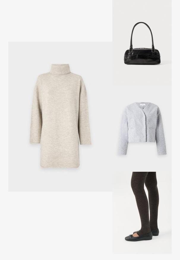 Chaqueta corta gris hecha de tela suave y texturizada. Presenta un escote en V, mangas largas y dos bolsillos frontales.; Suéter beige claro con cuello alto acanalado, mangas largas y un corte holgado. Fabricado en una tela suave con una textura lisa.; Piernas con leggings oscuros acanalados combinados con bailarinas negras que presentan pequeños detalles de lazo sobre un fondo blanco.; Bolso de mano de cuero negro con forma rectangular, equipado con un asa estructurada, herrajes en plata y cierre de cremallera. Textura suave.